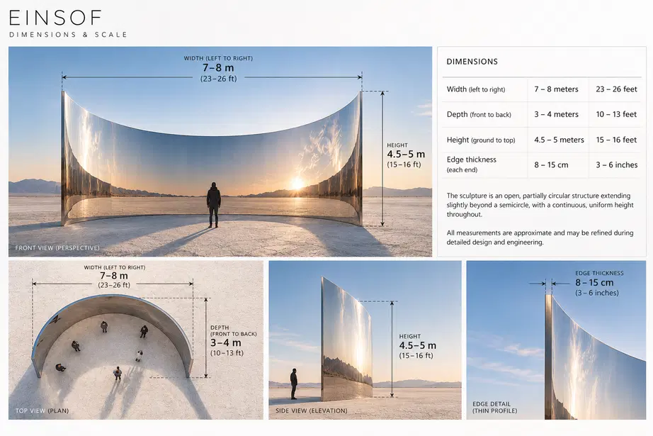 Dimensions sheet: front perspective view with a person for scale, top plan view, side elevation, and edge detail of the curved stainless-steel wall, labeled with width 7 to 8 meters, depth 3 to 4 meters, height 4.5 to 5 meters, and edge thickness 8 to 15 centimeters