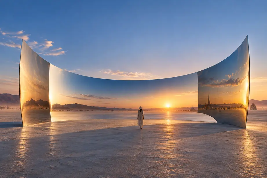 A lone figure walks toward a tall curved wall of mirror-polished steel on the open playa at sunrise, the desert and sky reflected across its surface
